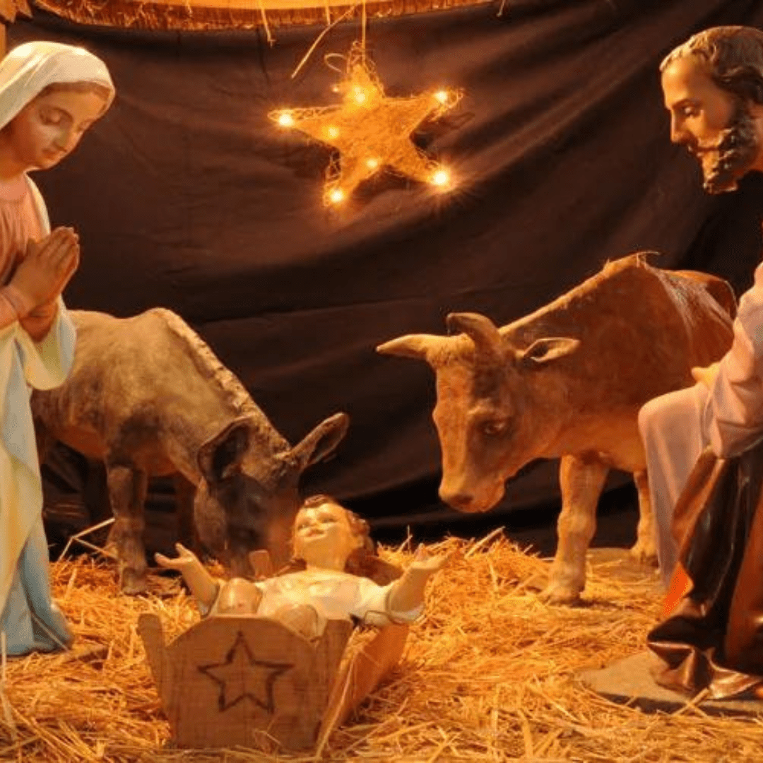 Pesebre iluminado en la Noche Buena, signo del nacimiento de Jesús