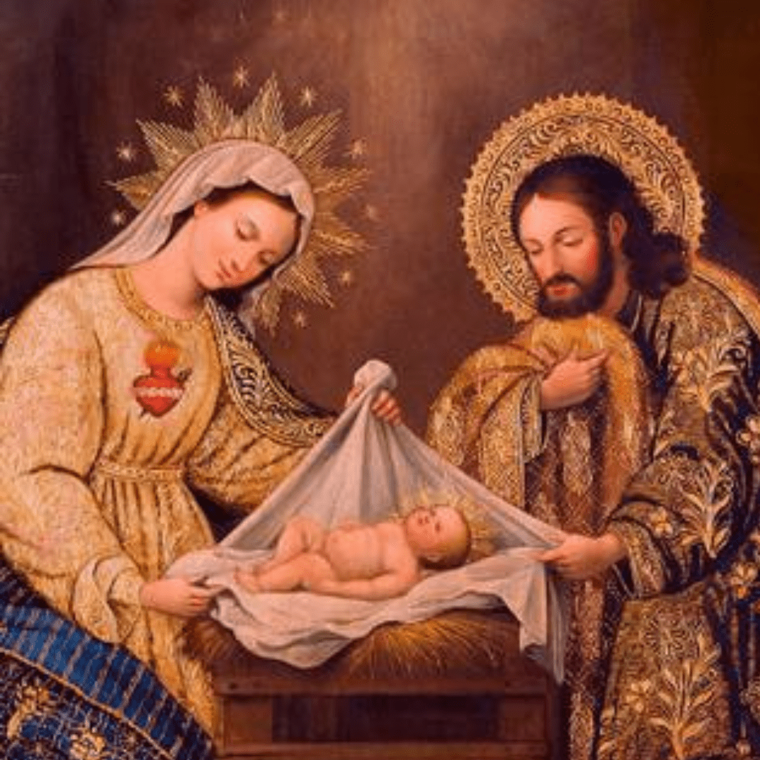 Pesebre de Navidad con el Niño Jesús, María y José iluminados