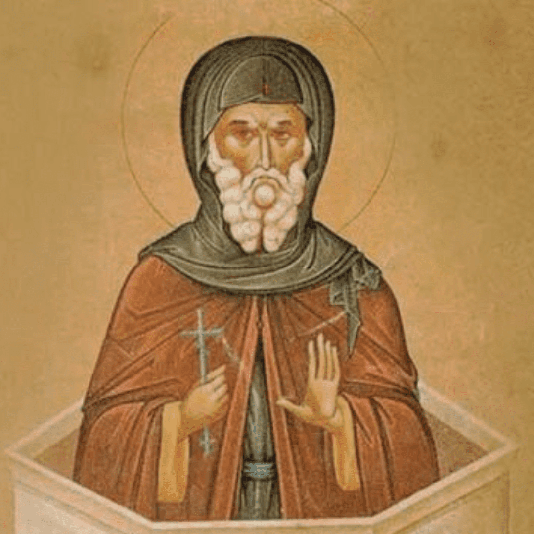 San Simeón en actitud de oración y contemplación sobre una columna