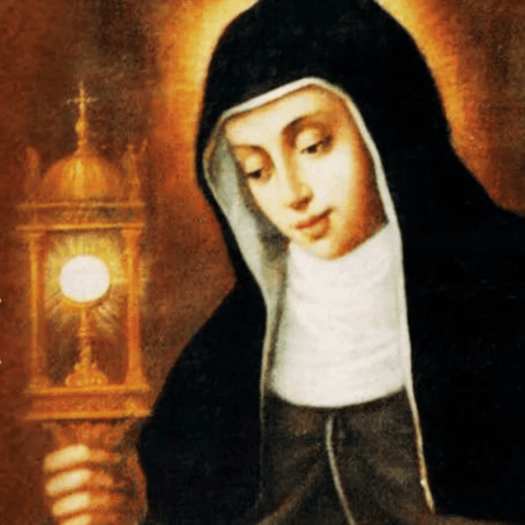 Santa Clara de Asís con hábito religioso y custodia eucarística, símbolo de pobreza, oración, amor a la Eucaristía y fidelidad a Cristo.
