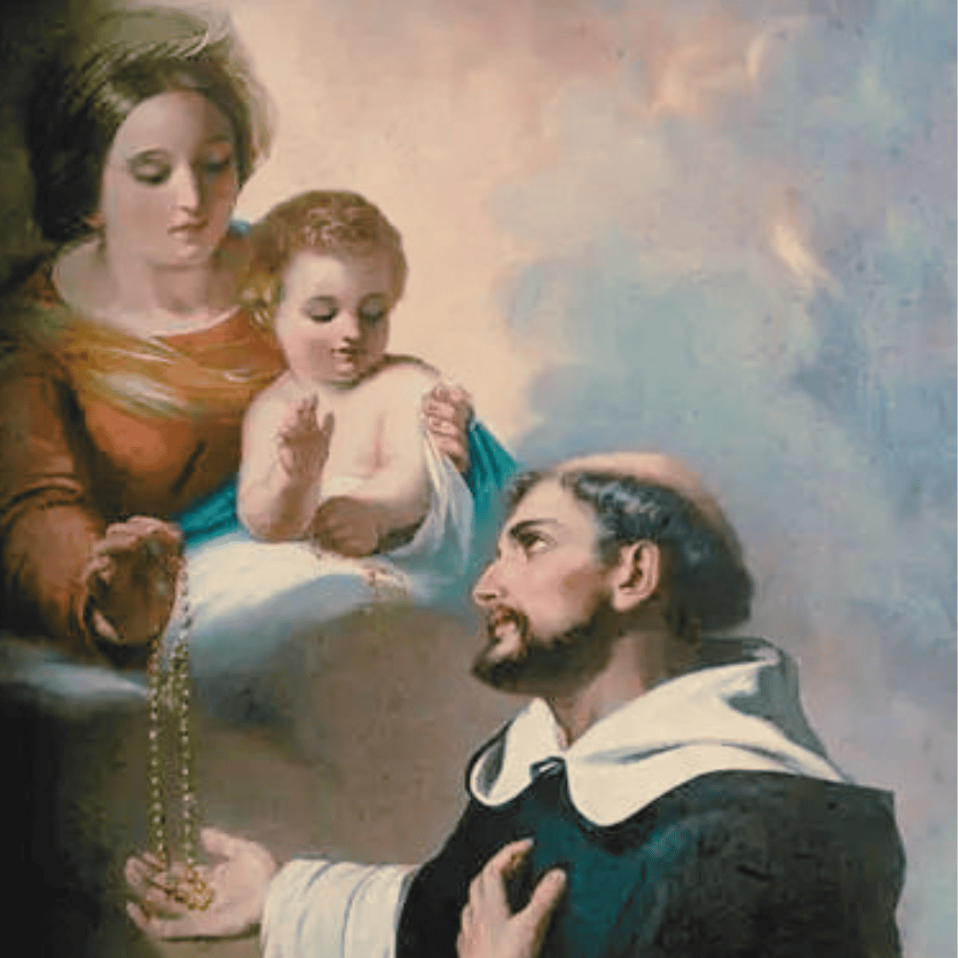 Santo Domingo de Guzmán con hábito dominico, libro y rosario, símbolo de predicación, oración, estudio, pobreza y amor a la verdad.